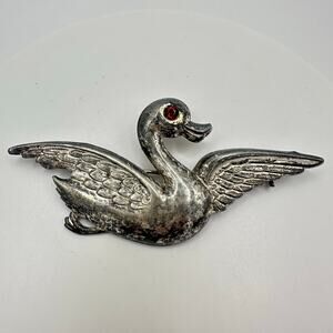 1940s signed vintage sterling silver flying duck red rhinestone brooch pin